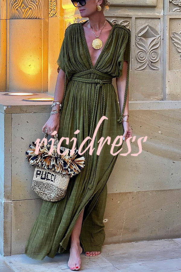 Kiara - Kimono-Maxikleid aus Leinenmischung im griechischen Stil mit Zöpfen und Schlitz